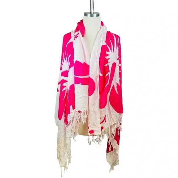 HOT PINK AND WHITE‎ FLORAL HIBISCUS SCARF TASSELS 60x48 - Picture 1 of 4
